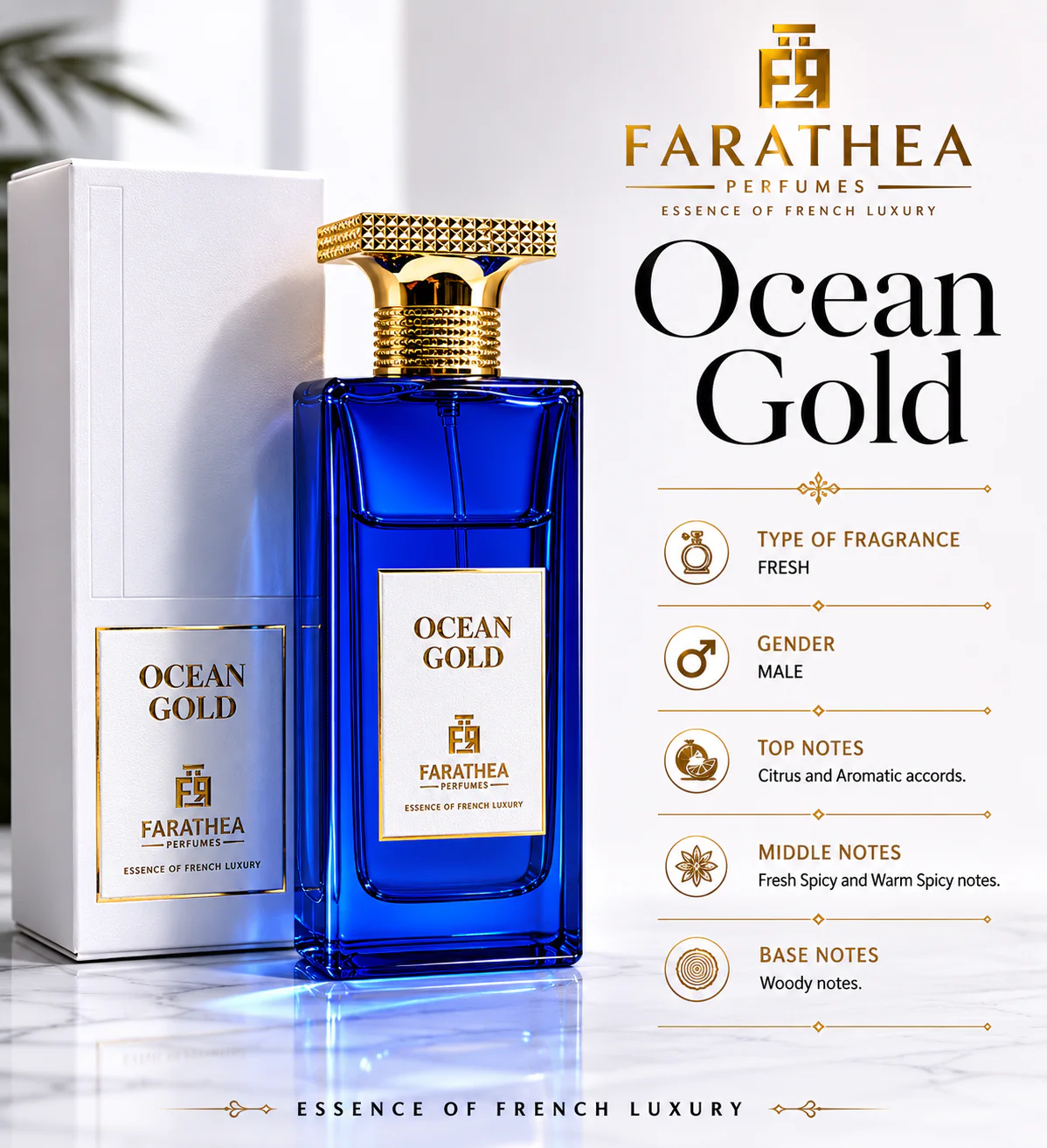 <div>   <strong>Ocean Gold - 80ML</strong><br>   <span style="font-size: 12px; color: #555;">Citrus Woody Spicy Fragrance</span> </div> - Image 2
